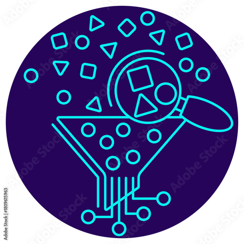 AI Data Mining icon. Vector thin line illustration on a round dark blue background. Magnifying glass searches for patterns in diverse Big Data (shapes) during the automated filtering process (funnel)