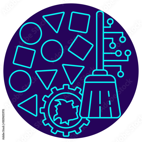 AI-Powered Data Cleansing icon. Vector thin line illustration on a round dark blue background. Symbolizes the automated removal (broom, gear) of defective or erroneous data (broken shape)