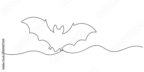 Continuous single line sketch drawing of flying bat creepy horror halloween animal nocturnal mammal comic hero one line concept vector illustration