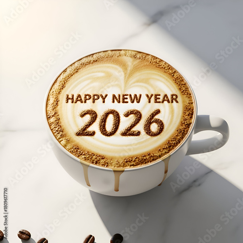 Happy new year 2026 latte art in a white cup isolated on white background