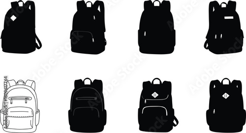 Backpack silhouette vector set, black school bag icons collection, travel rucksack illustration isolated on white background, hiking camping luggage equipment symbols, student gear design.