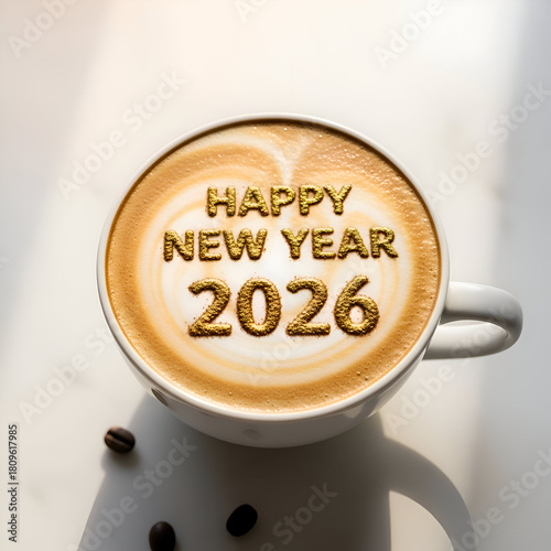 A cup of coffee with happy new year 2026 message isolated on white background