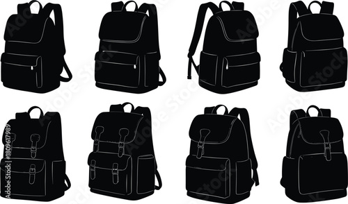 Backpack silhouette vector set, black school bag icons collection, travel rucksack illustration isolated on white background, vintage hiking camping luggage equipment symbols.