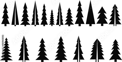 Christmas pine tree silhouette set, fir forest icon collection, vector nature illustration isolated on white background, evergreen plant symbols, landscape design elements.