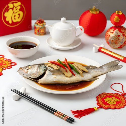 Steamed fish with soy sauce and ginger for chinese new year isolated on white background