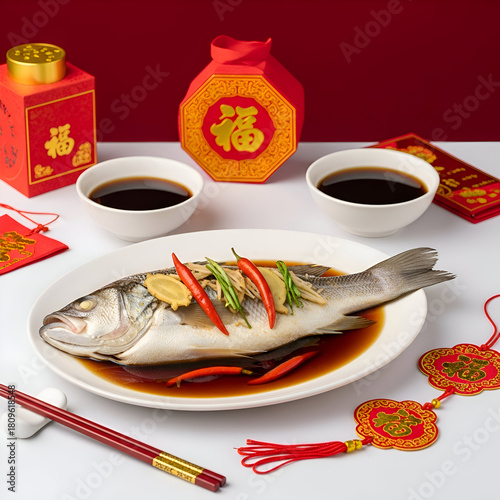 Steamed fish with chili peppers and soy sauce isolated on white background