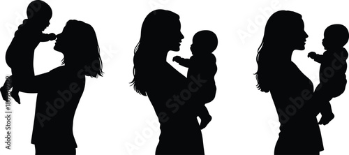 Mother holding baby silhouette set, mom and child vector collection, woman lifting infant, parenting love concept isolated on white background, family care symbol