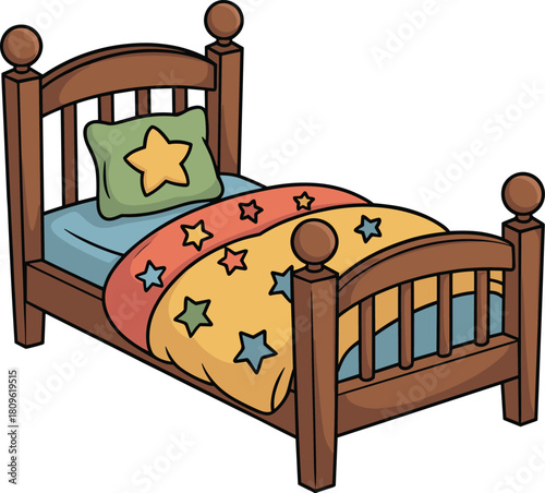 Cozy wooden toddler bed with star themed bedding and pillow