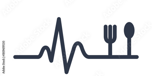 Healthy food logo icon. Pulse line with fork and spoon. Nutrition, diet, and restaurant concept. Vector illustration.