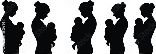 Mother holding baby silhouette set, woman cradling newborn vector collection, parenting concept illustration isolated on white background, mom and infant love symbol