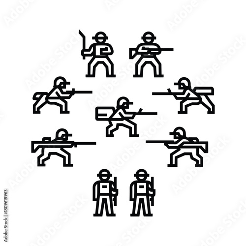 Simple line drawing of a group of soldiers in formation isolated on