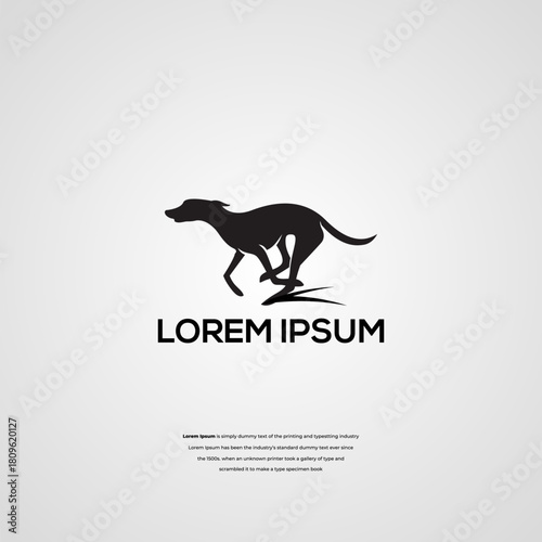 Sleek black silhouette logo of a fast running greyhound or sighthound, a dynamic symbol of speed and agility for modern brand identity