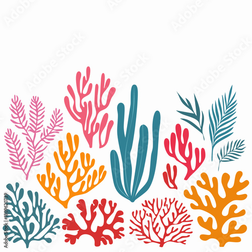 Vector set of colored corals and seaweeds silhouettes. Underwater coral reef and sea kelp in hand drawn doodle style. Marine aquarium plants illustration.
