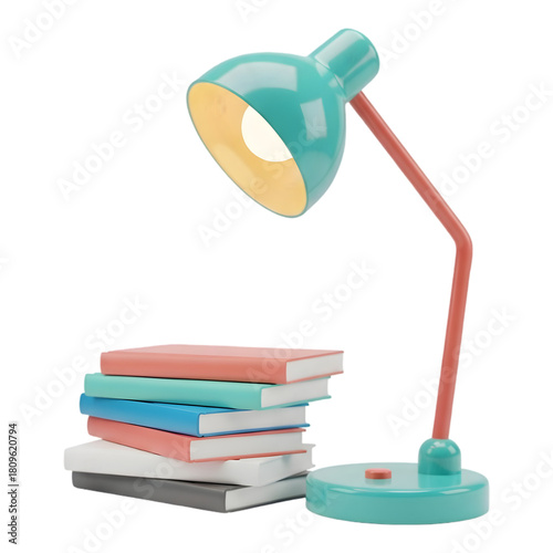 Colorful books under a bright teal desk lamp