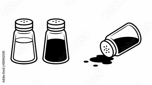 Illustrative Salt and Pepper Shakers Standing and Spilled Black and White Minimalist Graphic Style