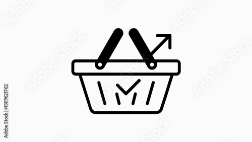 Shopping basket with outgoing arrow symbol for online purchase completion and order fulfillment representation