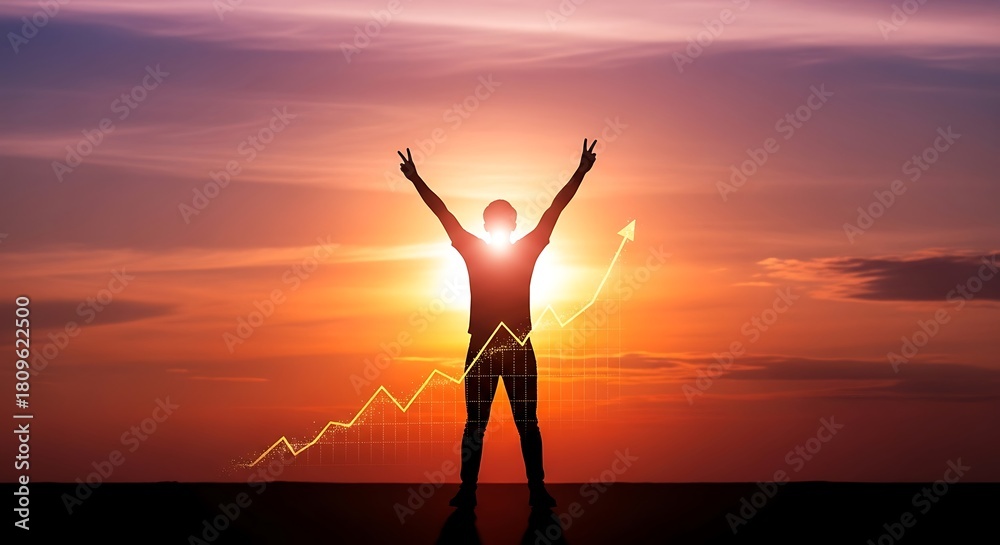 Fototapeta premium Silhouette of man celebrating success with arms up at sunset time