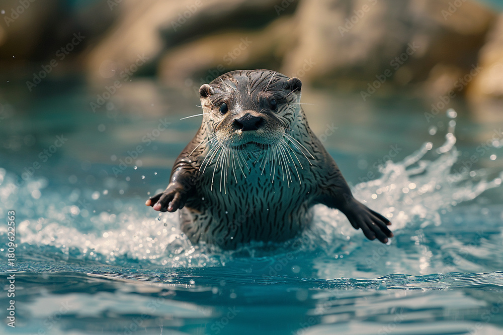 Fototapeta premium A stunning image of a playful otter gracefully gliding through the crystal-clear waters 