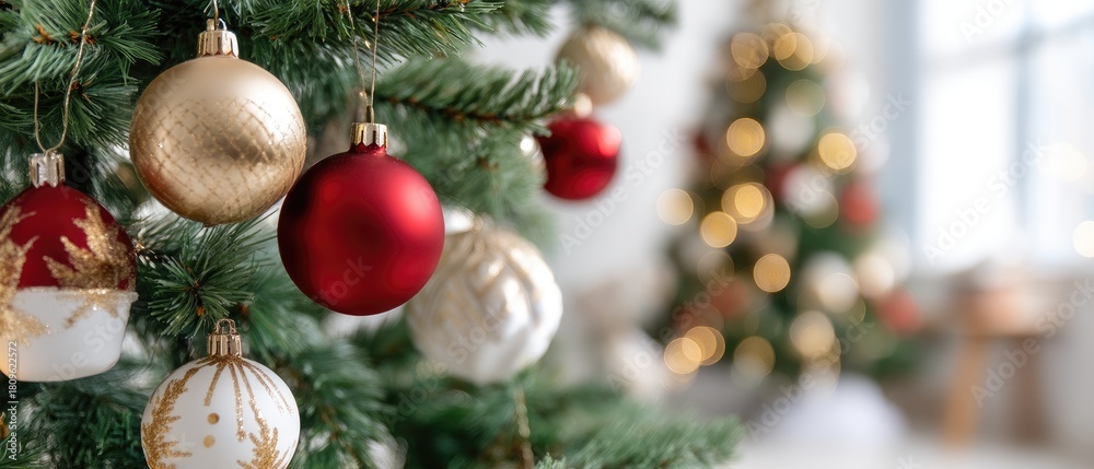 Fototapeta premium A festive Christmas tree sparkles with golden and red ornaments, creating a warm and cheerful atmosphere in a welcoming room