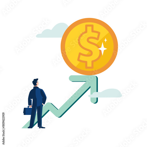 Business. Financial expert analyzing financial market growth. Green arrow up on it gold dollar coin, money growth. Concept of investment, businessman, people. Profit growth, banner Vector illustration