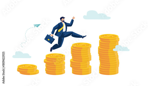 Business finance presentation. Businessman investor running up climbing up stacks of gold dollar coins. Financial freedom achievement, success, people, banner design, income growth Vector illustration