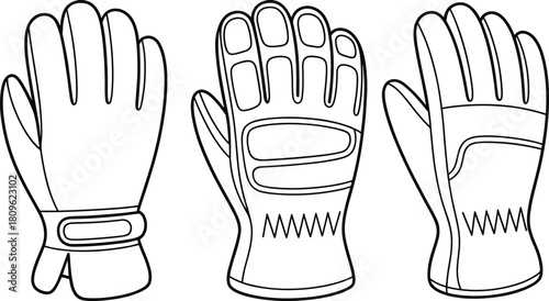 Technical flat sketch set of modern cycling, driving, or utility gloves, featuring adjustable cuffs, reinforced palms, and detailed line art vector illustration template