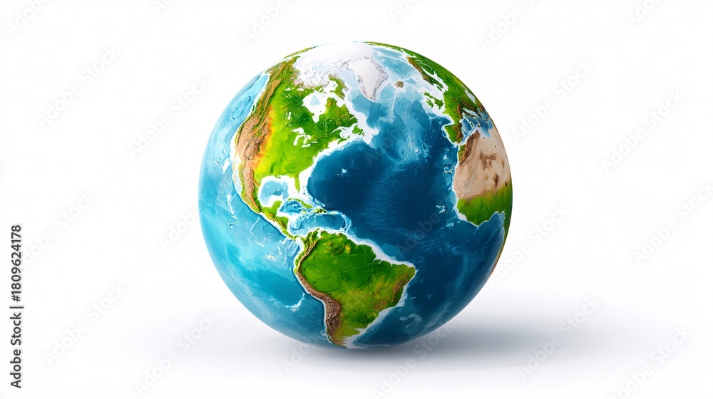 Fototapeta premium Realistic 3D Earth Globe Showing North and South America on White Background