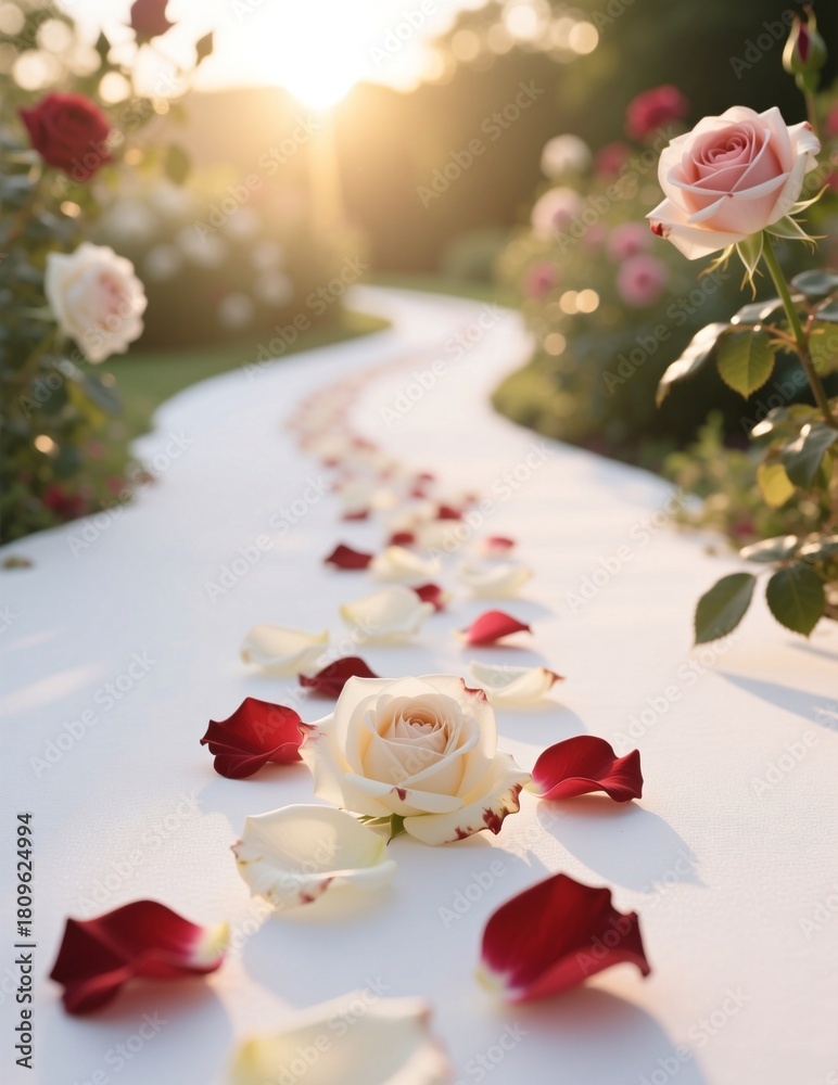 Fototapeta premium Romantic wedding aisle with roses and petals in soft sunset light. Elegant floral decoration for ceremony.