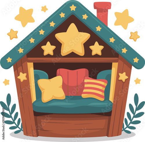 Cozy star decorated playhouse with comfortable seating and twinkling stars