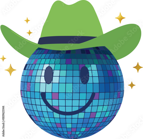 Smiling cartoon disco ball character wearing a green cowboy hat with sparkles
