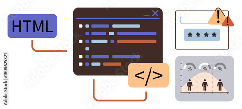 Coding interface with highlighted lines, HTML tag, error warning, user rating stars, and demographic chart. Ideal for web development, coding, analytics, debugging software design programming