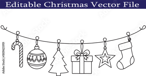 Festive Christmas Decoration Line Art with Candy Cane Ornament and Gift Box Vector Illustration Editable File for Holiday Season