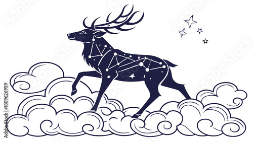 Celestial Deer Silhouette with Constellations on Clouds Vector,  A dark blue silhouette illustration of a stag filled with star constellations, walking gracefully across a bed of swirling clouds