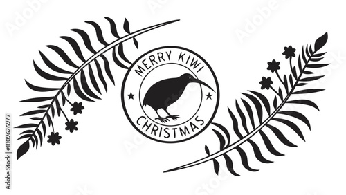 Merry Kiwi Christmas Stamp with Bird and Silver Ferns Vector,  A black and white circular stamp design featuring a silhouette of a kiwi bird surrounded by text "Merry Kiwi Christmas" 