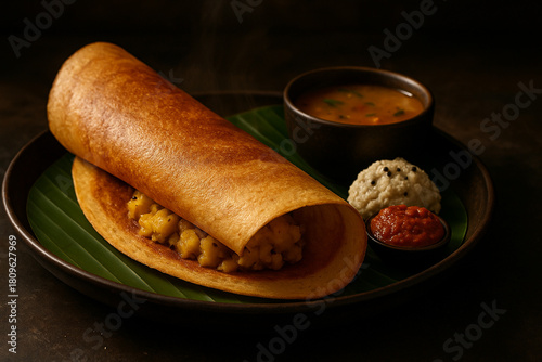 Traditional South Indian Masala Dosa with Spiced Potato Filling Served on Banana Leaf with Sambar and Chutneys – Authentic Breakfast or Brunch Presentation