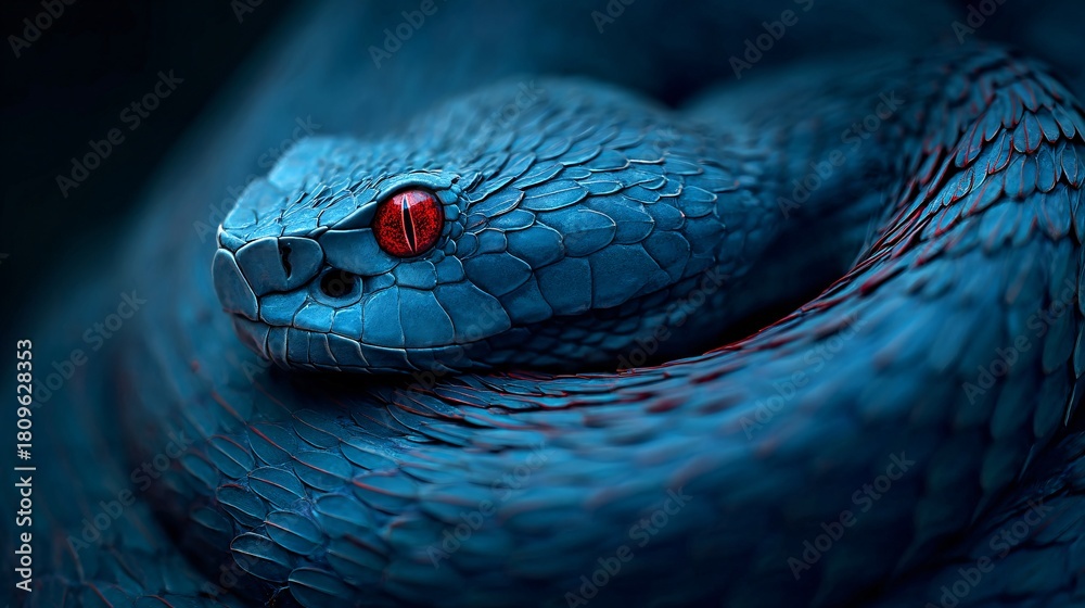 Fototapeta premium Close-up of a Blue Viper Snake with Red Eyes in Dark Environment