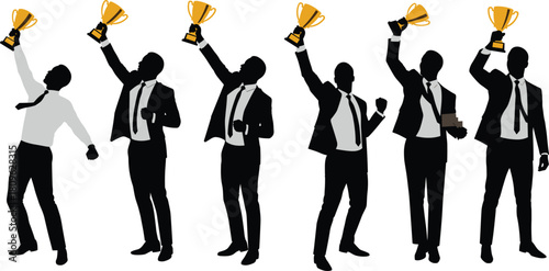Silhouettes of successful businessmen celebrating victory holding golden trophies, corporate achievement concept, business award celebration, professional success motivation illustration