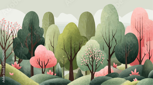 An abstract spring forest with blooming trees and gentle shapes for nature posters and seasonal packaging collections.