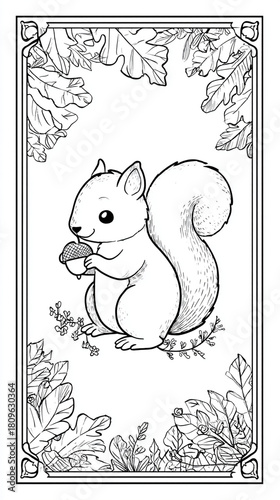 Charming Squirrel with Acorn in Decorative Frame Coloring Page