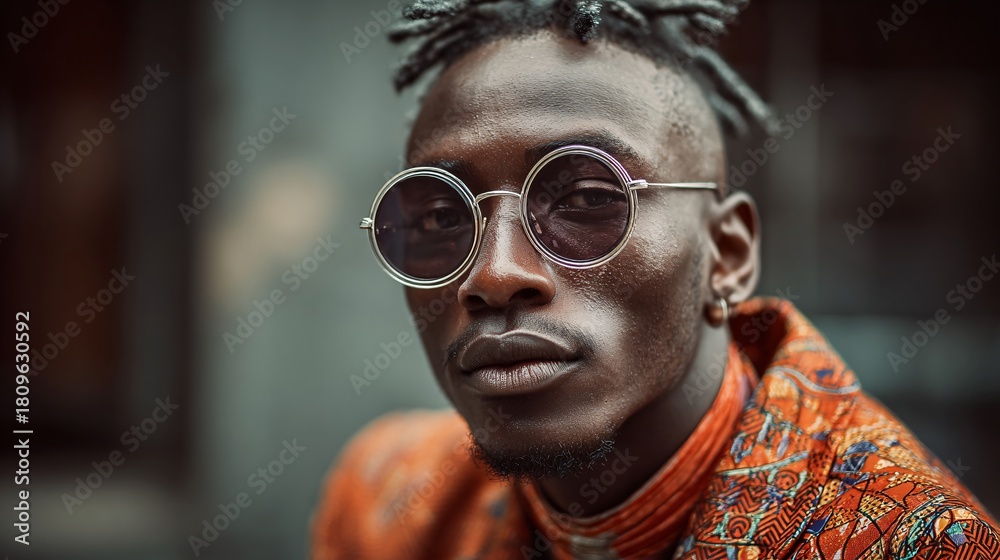 Fototapeta premium Portrait of Stylish African Man with Sunglasses and Unique Hairstyle