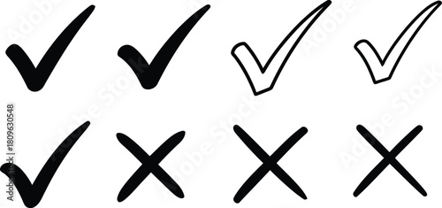 Hand-Drawn Checkmark & Cross Icon Set — Bold and Outline Variants