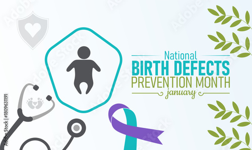 Birth Defects Prevention Month Poster Banner and Background Design Template Featuring Baby, Ribbon, and Medical Icons Illustration for Maternal Health, Prenatal Care, and Child Safety Awareness Campai