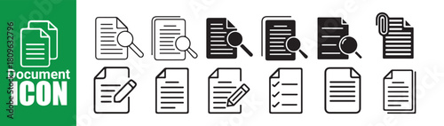 Document icon set showing search, editing, checklist, and paperclip symbols in vector format