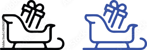 chrismas two sleigh gift bule black line icons set vector 