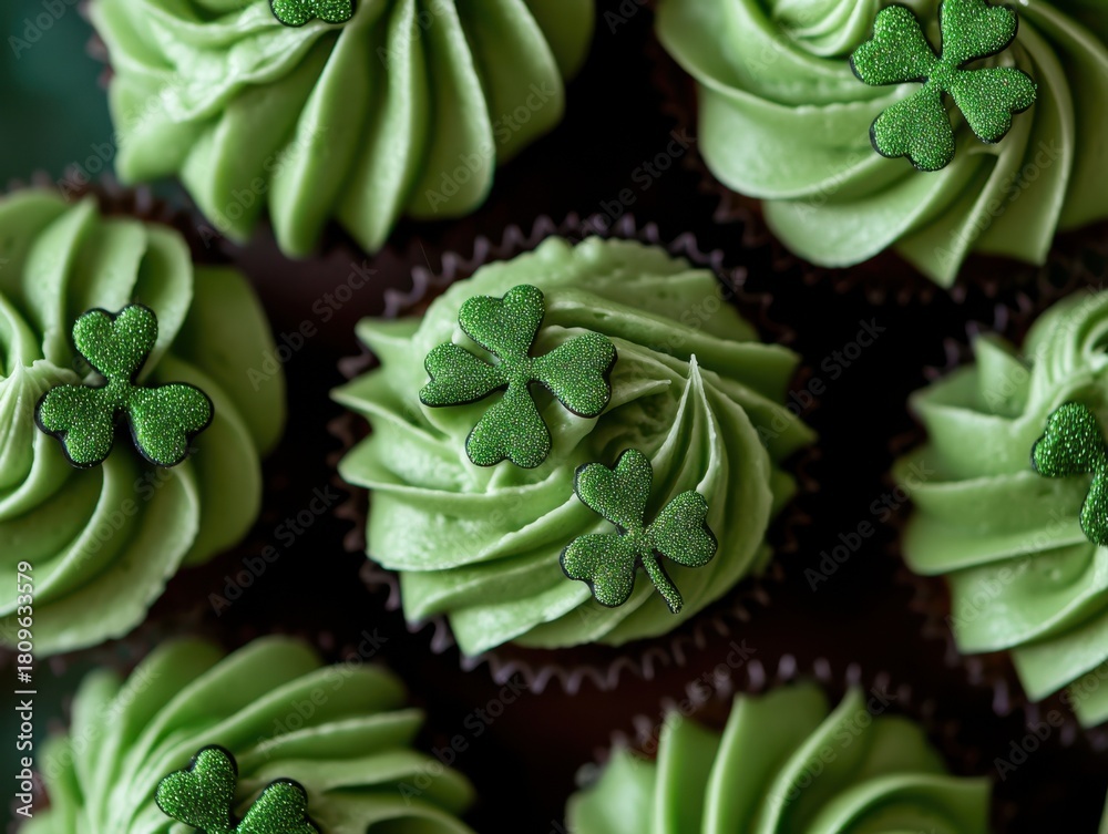 Fototapeta premium Green cupcakes have shamrock decorations on top.