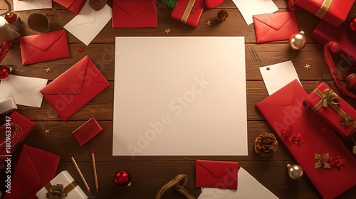plain peice of A4 white paper sat in portrait mode on top of red envelopes and other peices of paper a wooden desk surrounded by red envelopes and christmas paraphanalia
