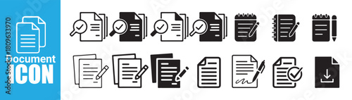 Document icon set with magnifying glass, notepad, and download symbols in black and white