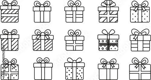 Collection of 15 Festive Gift Boxes icons with Ribbons, Perfect for Celebration and Holiday Packaging Graphics