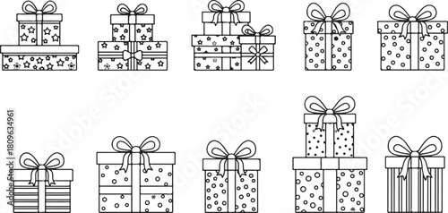 Vector illustration of gift boxes icons with ribbons and bows for birthday and Christmas occasions