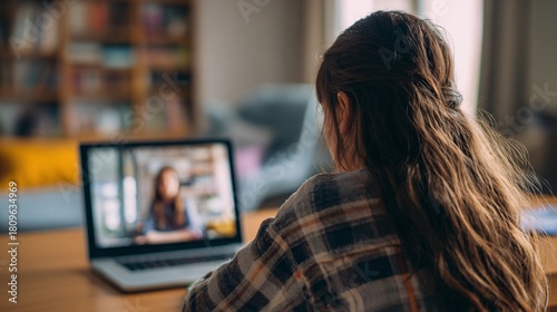 Young woman attending video conference call on laptop in cozy home office